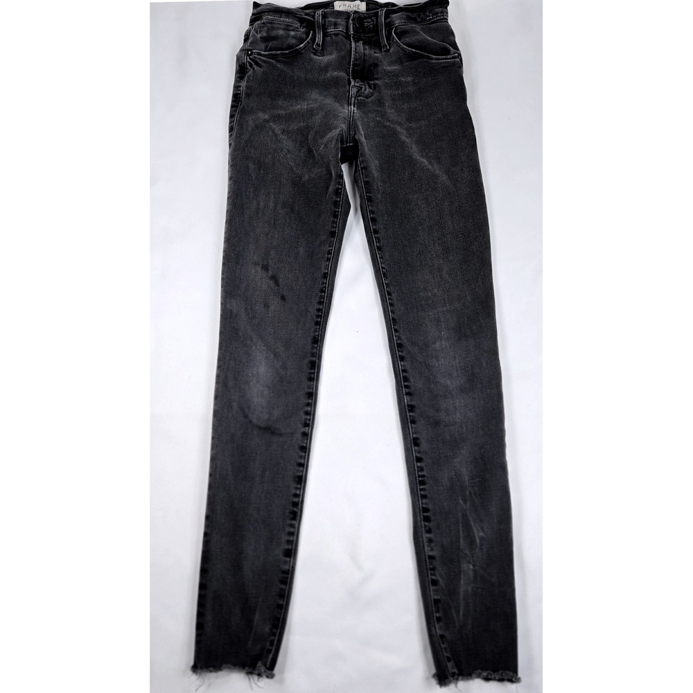 FRAME‎ Le High Skinny Jeans Black Wash Denim Frayed Hem Women's 25 Distressed
